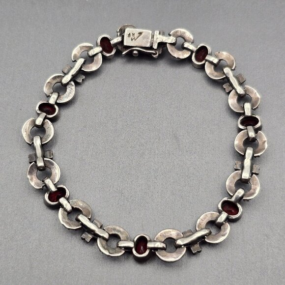 VTG Sterling Silver Garnet & Marcasite Link Bracelet 7.5" RF Hallmark Box Clasp - Picture 7 of 14